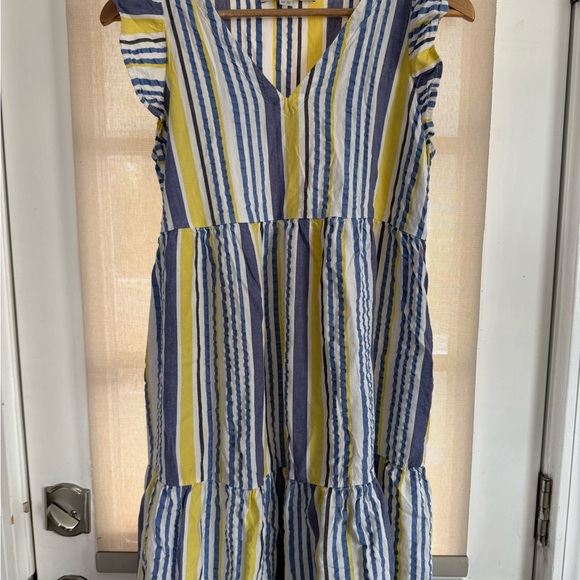 LOFT XSM Maternity Striped V-Neck Dress in Blue and Yellow - Picture 1 of 5